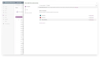 Contoso Electronics Power Apps: Ny tabell från externa data, granskning av anslutningsdata, välj SharePoint- eller SQL-anslutning