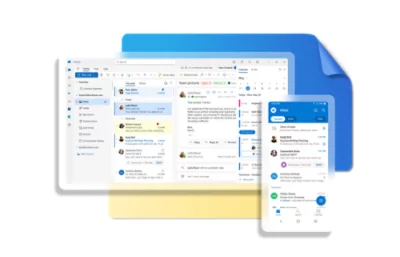 Screenshots of desktop and mobile screens displaying an Outlook inbox