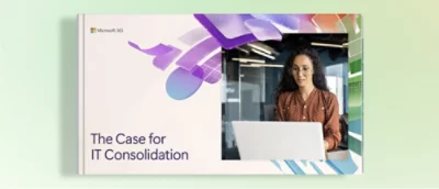 A woman sitting at a laptop with a book cover titled The Case for IT Consolidation in the foreground.