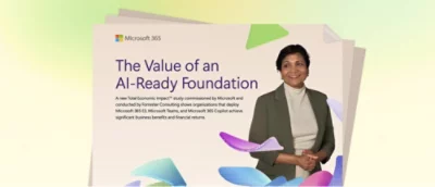 A woman standing with an overlay text about productivity solutions.