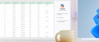 En datorskärm som visar en grafik av en kopp och texten Copilot.