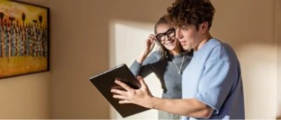 A man and woman looking at a computer screen.
