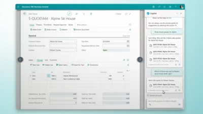 Screenshot of Dynamics 365 Sales Hub showing customer account details for Alpine Ski House with contact info and activity feed.