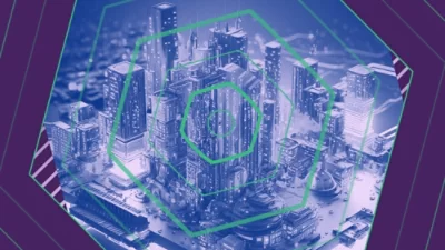 Pemandangan kota futuristik dengan gedung pencakar langit yang menjulang, dihiasi pola heksagonal berwarna hijau.