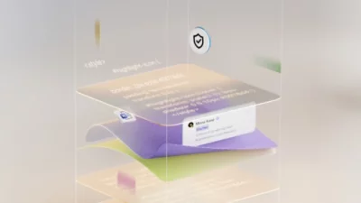 Visualisasi 3D dokumen berlapis lengkap dengan cuplikan kode dan pemberitahuan pengguna yang mengambang dalam kotak transparan.