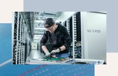 A person wearing goggles and a baseball cap working on a computer with the text N2-3 POD visible.