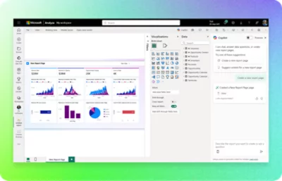 Cuplikan layar antarmuka Microsoft Power BI dengan bagan, filter, dan alat visualisasi di atas latar belakang gradien.