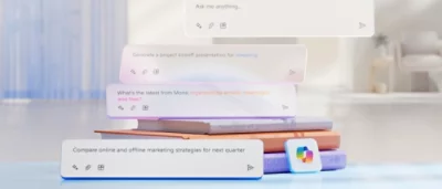 En hög med böcker med flytande textbubblor som visar olika frågor, bland annat projektpresentationer, e-postorganisation.