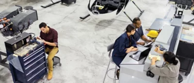 Team di tecnici che lavora a varie attività in un hangar per aerei.