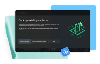 Recorte de pantalla de una interfaz de usuario que indica a los usuarios que realicen una copia de seguridad de las capturas de juego existentes en OneDrive 