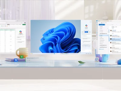 Ett skrivbord med en datorskärm som visar ett kalkylblad och en Windows-bakgrund, en kopp, en telefon, en mus och Microsoft Word