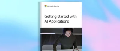 Omslaget till en bok med titeln Microsoft Security: Kom igång med AI-program, med en illustration med en kvinna som använder en bärbar dator.