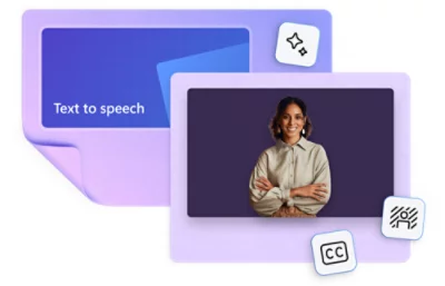 Illustration of text-to-speech technology. One card shows "Text to speech" on a blue background, another displays a person smiling.