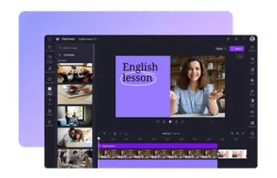 A video editing software interface displaying a woman giving an English lesson is shown.