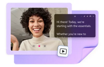 A person smiling during a video call with text overlay saying, "Hi there! Today, we're starting with the essentials."