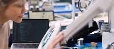 En person som håller ett papper framför en bärbar dator.