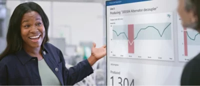 A person presenting a graph on a screen