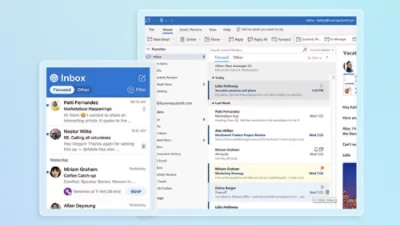 En bild visar en e-postinkorg till vänster med flera meddelanden och en detaljerad vy av ett e-postprogram 