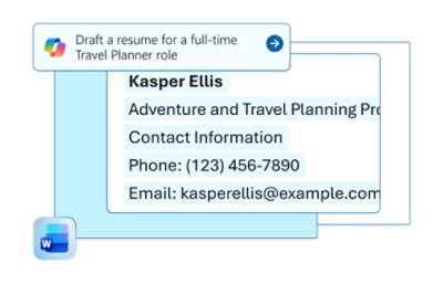 En person i blå skjorta bredvid en skärmbild av en chatt med jobbrelaterad text.