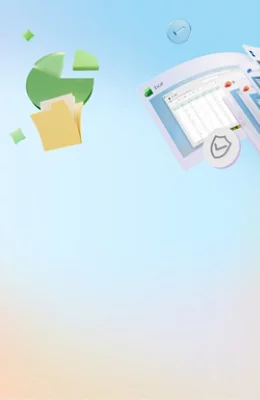 Illustration of financial or business data elements, including a pie chart, folder, data sheet, and clock