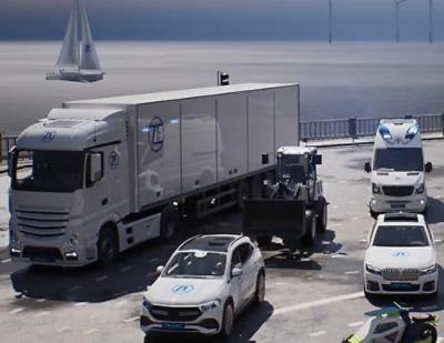 A group of cars and trucks on a road.