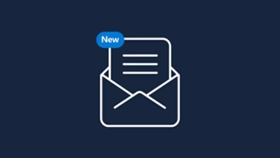 A blue and white icon showing a paper inside an envelope with the text New.