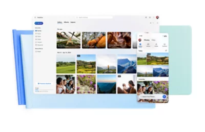 Una tableta y un smartphone muestran una aplicación de galería de fotos con diversos paisajes y fotos personales. 