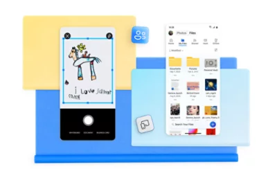 Se muestran dos dispositivos: un teléfono con la ilustración de un caballo y otro con una aplicación de administración de archivos 