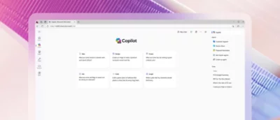  Screenshot of a computer showing a purple and white screen displaying Copilot.