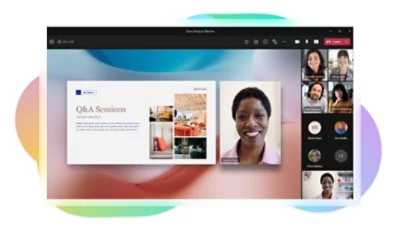 Uma sessão de P e R sendo realizada em uma chamada de vídeo do Teams com um apresentador e uma apresentação.
