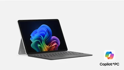 A Surface Pro, Copilot+ PC, 12-inch in the colour Platinum with Slate keyboard.