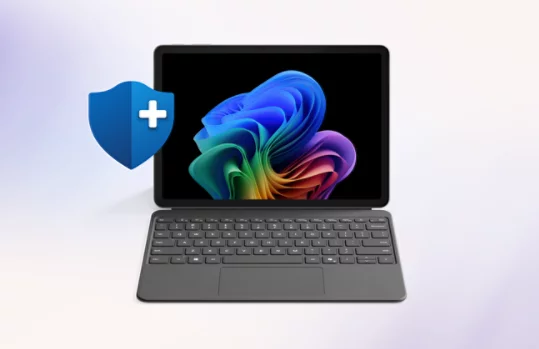 Um Surface Pro para Empresas protegido por um plano de proteção Microsoft Complete.