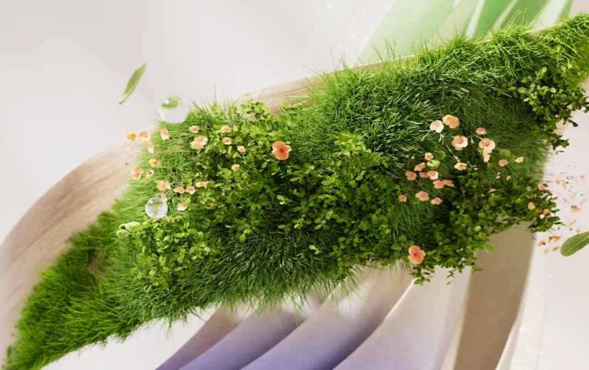 Blommande blommor i grönskande, grönt gräs som antyder miljöengagemanget Microsoft har åtagit sig för hållbarheten. 