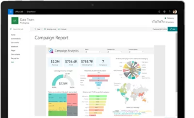 En surfplatta visar en kampanjrapport i en privat grupp i SharePoint