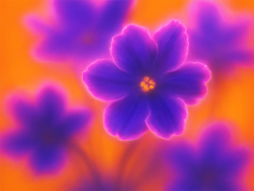Ett drömskt närbildsfotografi av livfulla violetta blommor med kanter i neonmagenta, mot en ljusorange bakgrund