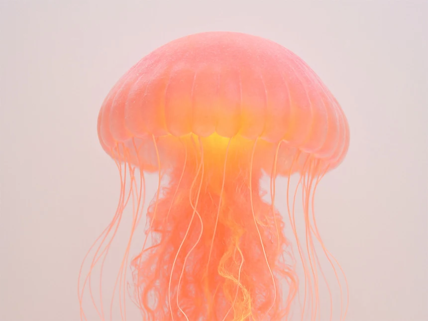 Genomskinliga maneter med glödande rosa och orange nyanser som flyter elegant mot en mjuk bakgrund med känsliga, flödande tentakler