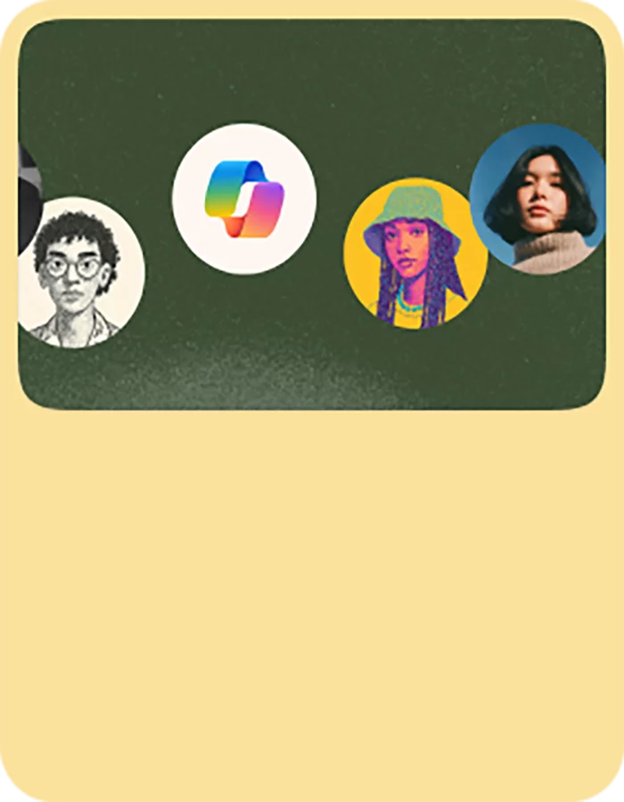 Illustration som visar fyra cirkulära profilikoner mot en mörkgrön bakgrund, inklusive tre stiliserade porträtt och en flerfärgad Copilot-logotyp