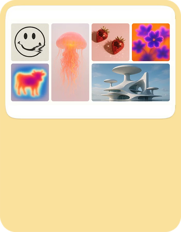 Ett collage av illustrationer som visar olika bilder som du kan skapa: som en grafisk smiley, lysande maneter, discojordgubbar eller en termisk avbildning av silhuetten av en ko