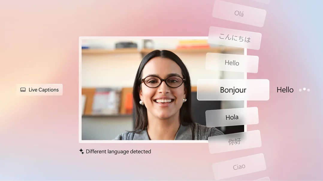 Live Captions screen with a person smiling in a white frame on a pink and blue gradient background with scrolling language options for the word hello to the right.