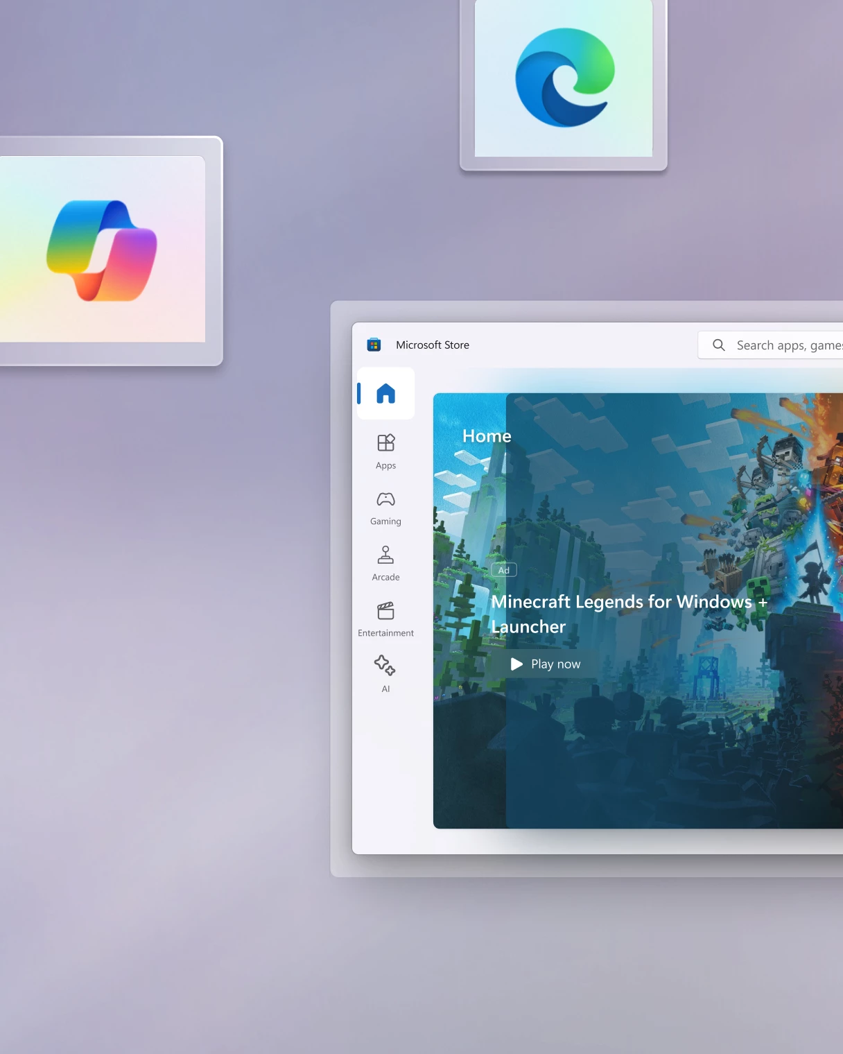 La app de Microsoft Store abierta, con iconos de app agrandados, sobre un fondo de gradiente púrpura.