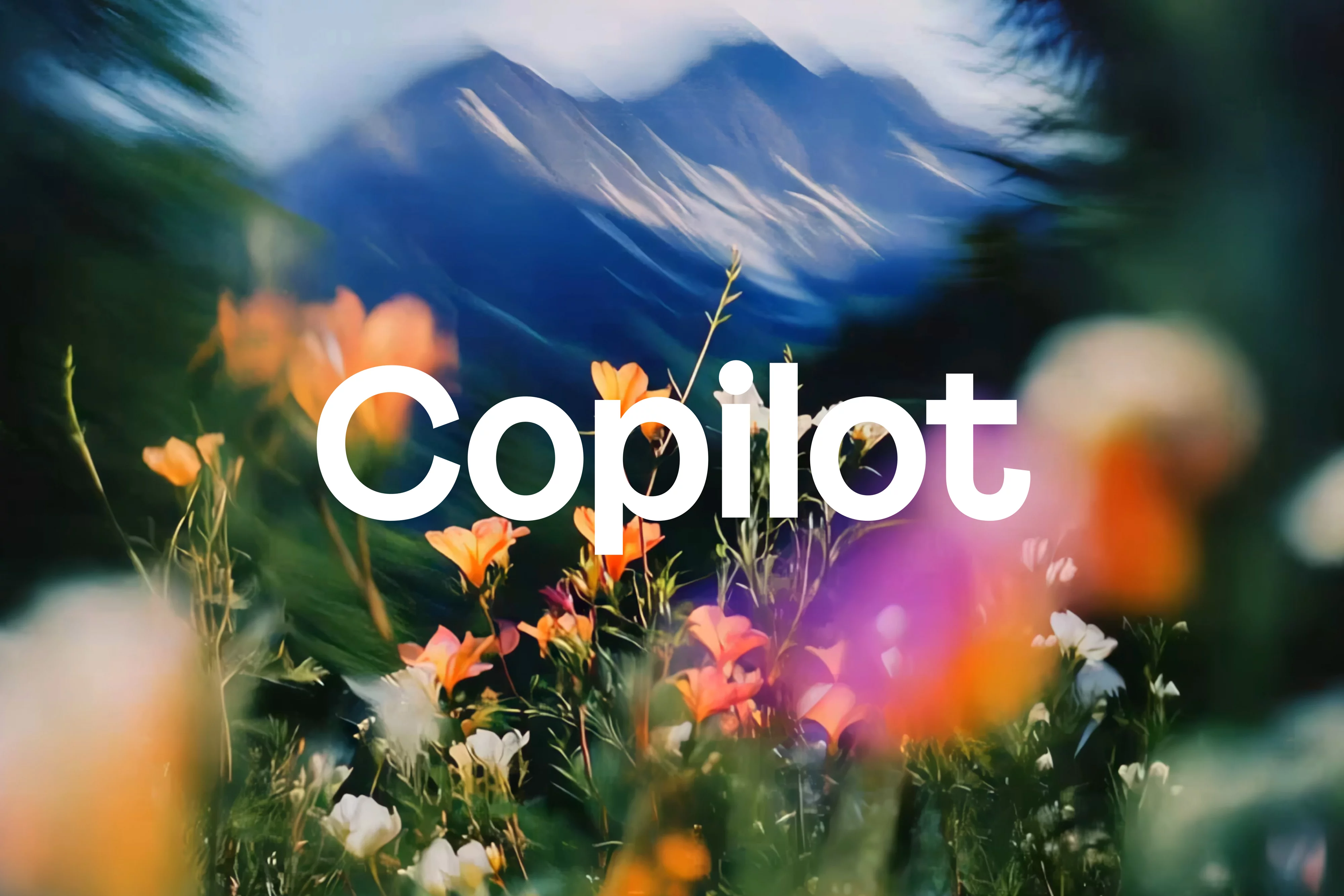 A mountain scene with an enlarged Copilot search bar that turns into the Copilot rainbow icon on top of the text, “Your AI companion”