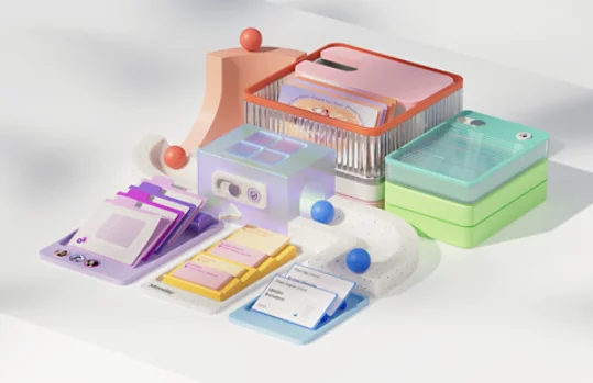 A colourful collection of 3D shapes that depict different applications, including files, calendar and reminder notifications.