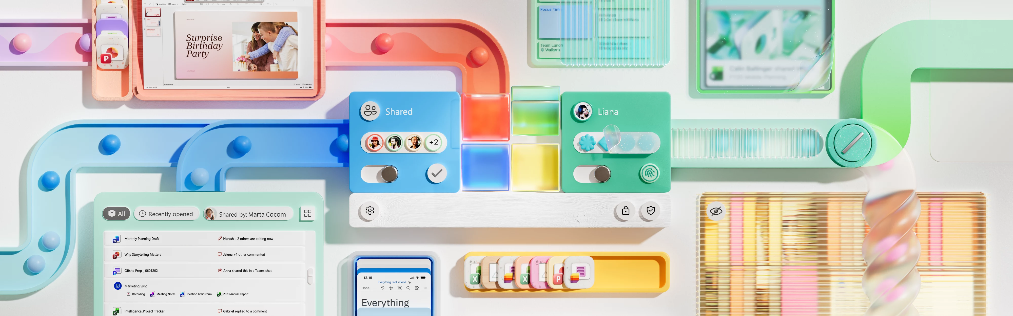 A collage of graphical user interface elements, including message bubbles, notification panels, and app screens. The elements join together in the centre to form the Microsoft logo.