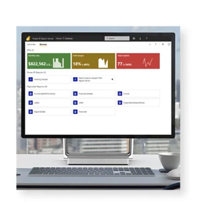 Hjem for rapportserver for Power BI med favoritter, KPI-er, søk, hendelser, rapporter og sideformaterte rapporter oppført