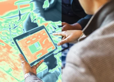 Two people discussing information on a tablet.