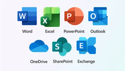 Logos of seven different Microsoft 365 apps: Word, Excel, PowerPoint, Outlook, OneDrive, SharePoint, and Exchange.