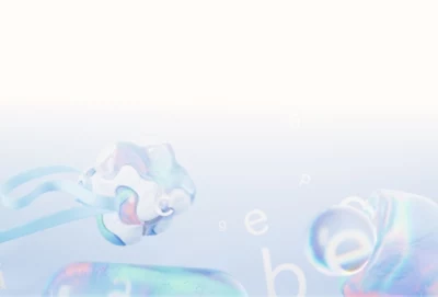 Primo piano di una scultura astratta brillante con forme omogenee, arrotondate e traslucide in colori pastello.