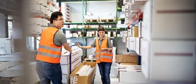 A person and person in a warehouse