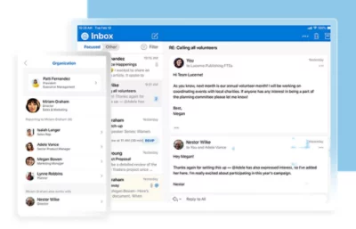 Interfaccia di posta elettronica che visualizza una serie di messaggi in arrivo. Si vede un’email aperta in cui si discute la gestione dei volontari.