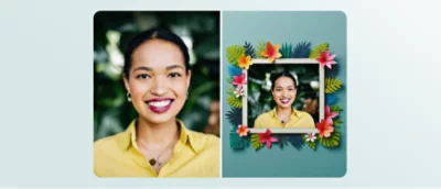 A woman smiling in a headshot on the left; the same headshot is framed with colorful flowers and leaves on the right.